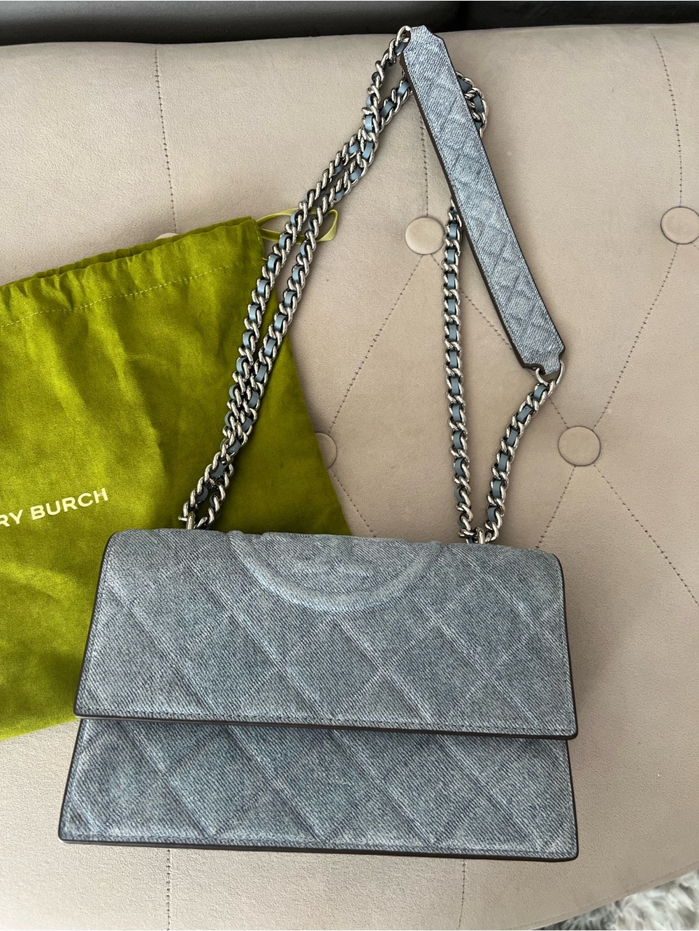 Tory Burch Fleming Denim in Medium Denim Wash with Silver Chain Strap